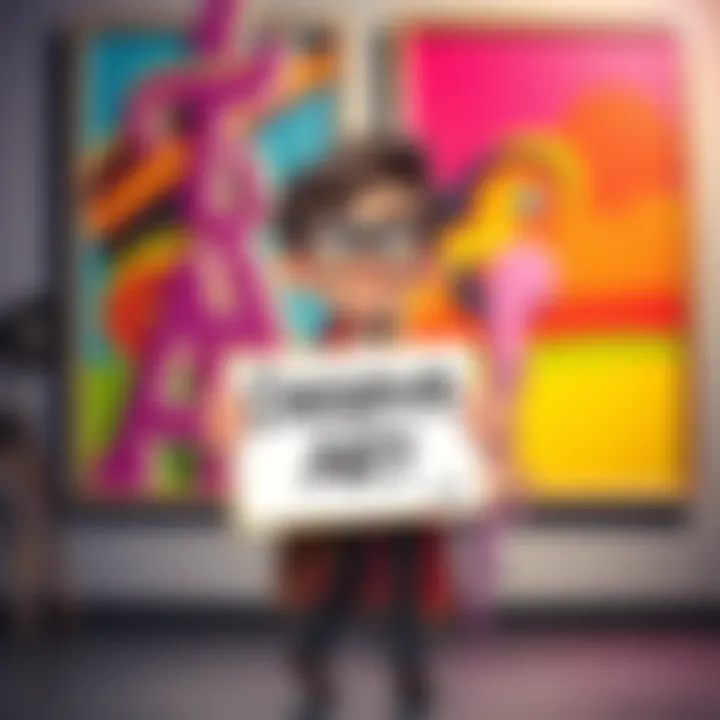 A cartoon artist humorously holding a sign that says 'Deserve Art' in front of colorful paintings, highlighting entitlement in art