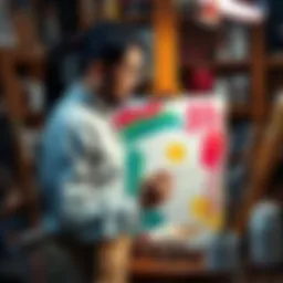 An artist paints on a canvas surrounded by traditional art supplies, expressing a shift from digital to traditional art.
