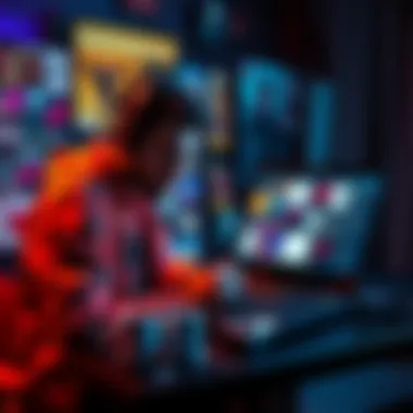 An artist uses a laptop to browse various paid image platforms filled with colorful graphics.