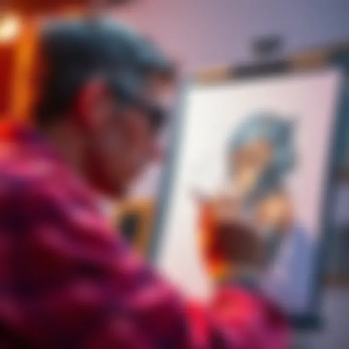 Artist Reviewing Artwork An artist looks at their drawing enhanced by AI, reflecting on the changes made with Chat GPT.