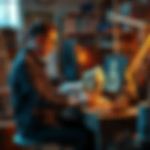 An artist sculpting a 3D model at a workstation with art supplies around.
