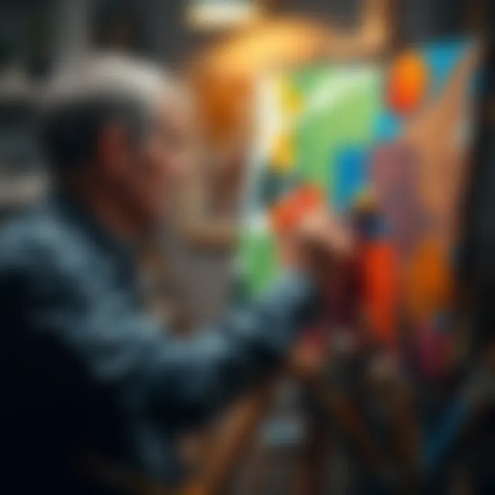 An artist with a focused expression adjusting colors on their painting, surrounded by tubes of paint and brushes, aiming to improve their artwork