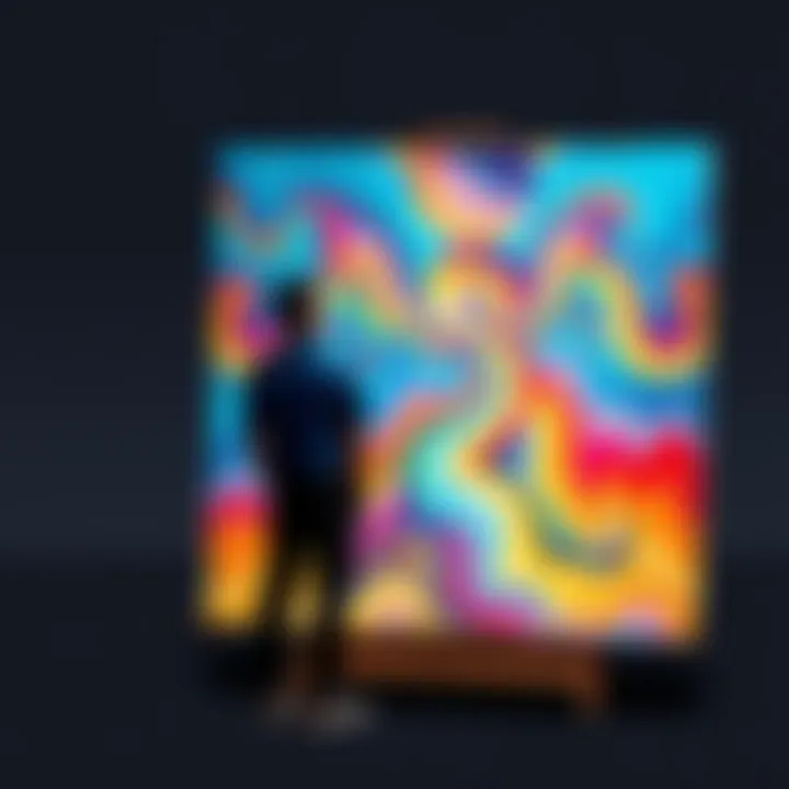 A person stands in front of a canvas displaying vibrant AI-generated artwork, contemplating creativity.