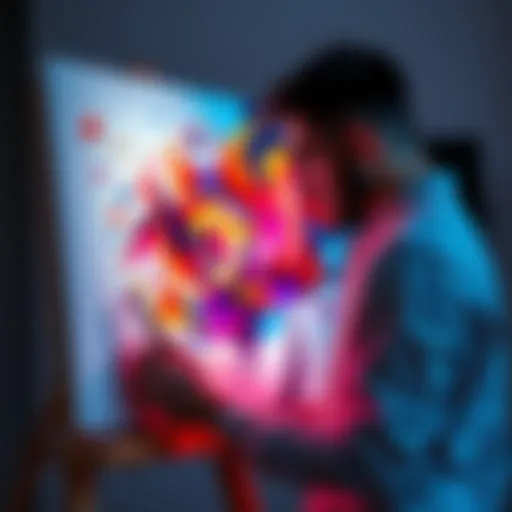 An artist working on a digital canvas with colorful abstract designs representing AI creativity