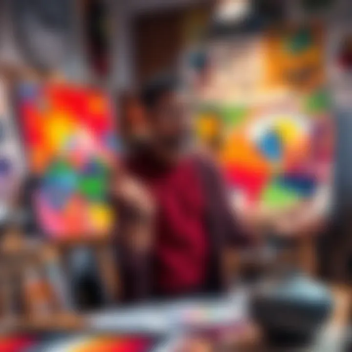 An artist is passionately discussing the impact of AI on traditional art, surrounded by colorful paintings and sketches in a studio.