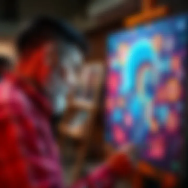 A human artist paints on a canvas while a digital screen displays AI-generated art, symbolizing the conflict between human creativity and AI influence.