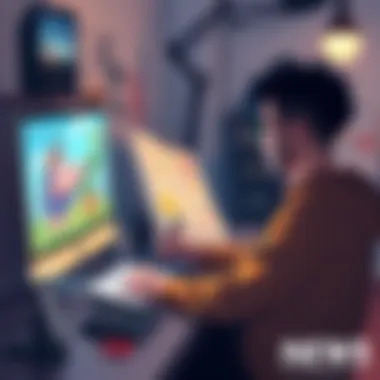An artist creating animation with colorful sketches and a computer setup.