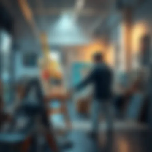 An artist painting on a canvas in a bright studio, surrounded by art supplies and tools, demonstrating the process of skill development in art.