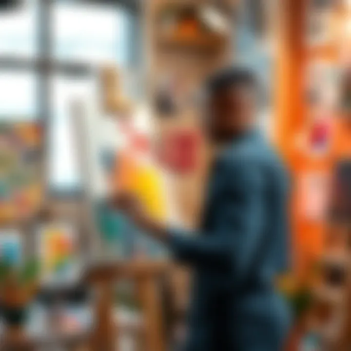 An artist painting on a canvas in a bright studio, surrounded by colorful art supplies.