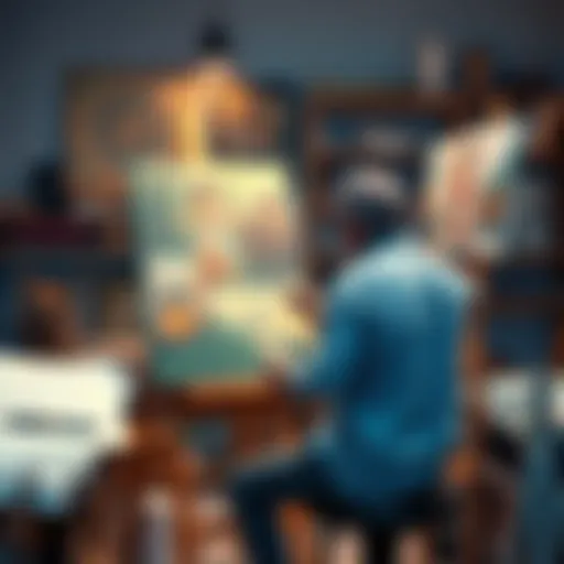 An artist painting on canvas in a studio, surrounded by art supplies and sketches, questioning the role of education in art creation.