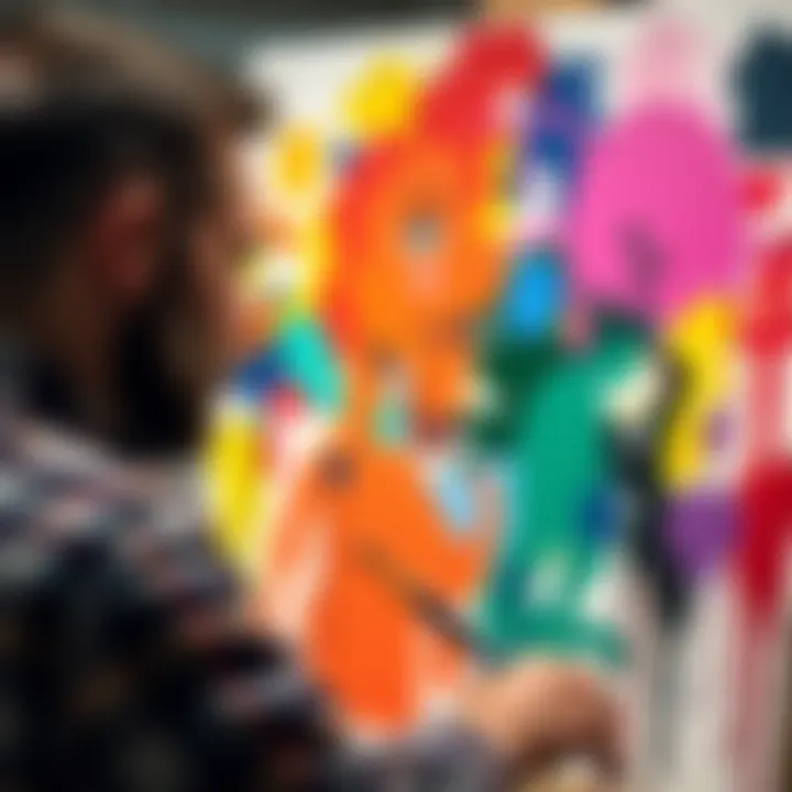 An artist working with various colors and styles on a canvas, showcasing a mix of influences while painting