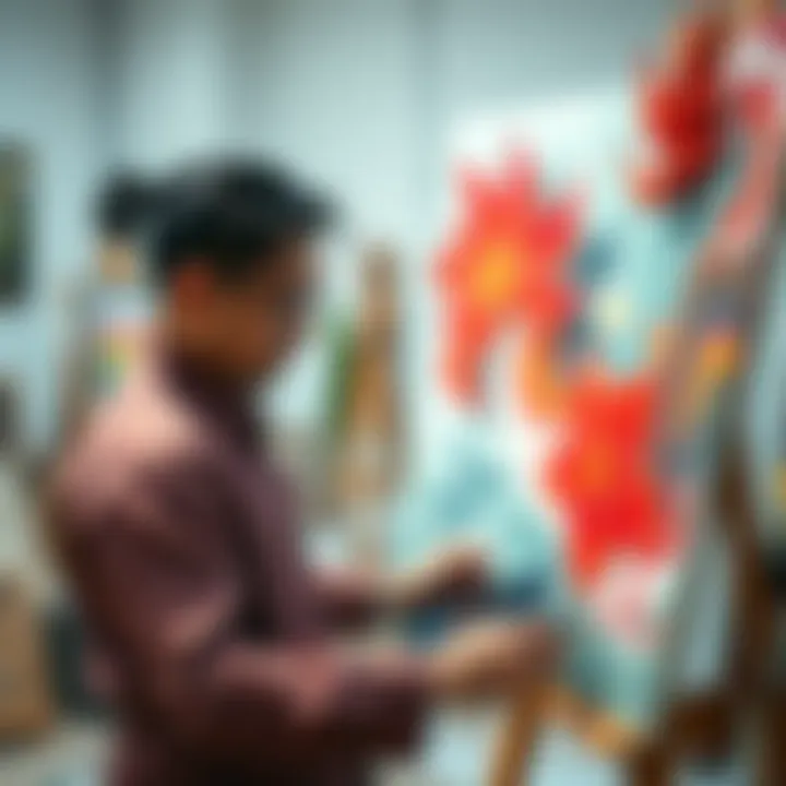 An artist uses a tablet and paintbrush, combining traditional painting with AI-generated designs at a studio.