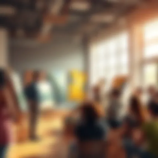 An artist explains the process of commissions to a group of eager listeners in a bright studio setting.