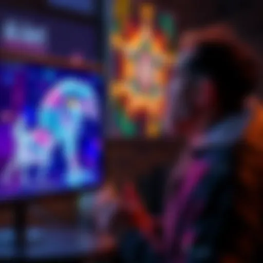 An artist looks thoughtfully at a digital screen displaying AI-generated artwork, reflecting on creativity and technology.
