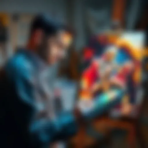 An artist looking conflicted while reviewing AI-generated artwork on a tablet, with paintbrushes and canvas in the background