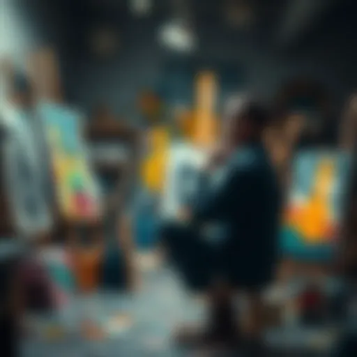 An artist sitting in a studio, deep in thought, surrounded by paint and canvas, reflecting on the struggles of creation.