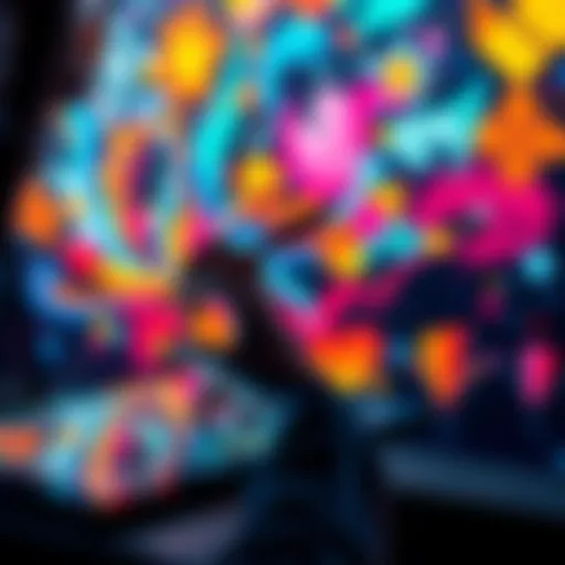 An artist is using a digital tablet to create colorful abstract art, showcasing creativity in a modern way.