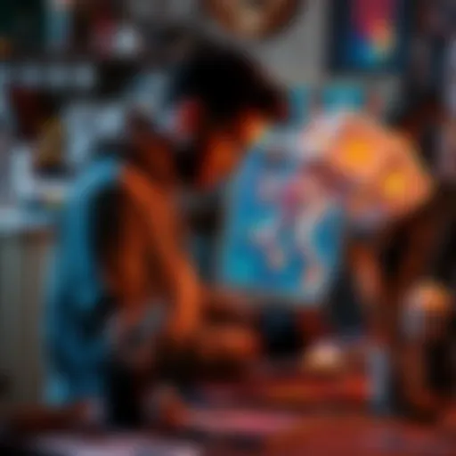 A digital artist working on an AI art piece, surrounded by traditional art supplies, highlighting the clash between AI and conventional art.
