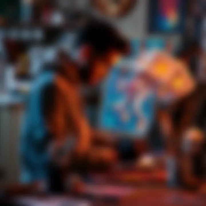 A digital artist working on an AI art piece, surrounded by traditional art supplies, highlighting the clash between AI and conventional art.