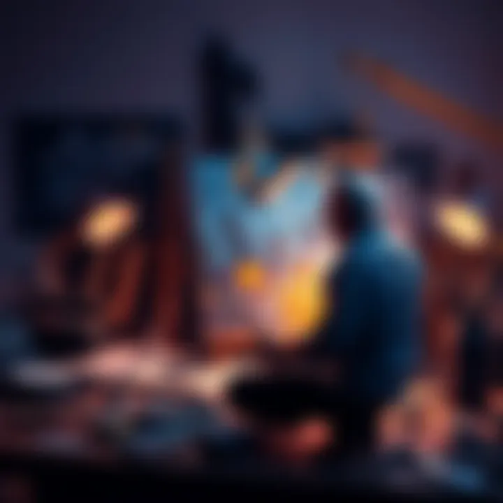 An artist painting on a canvas surrounded by tools and instruments, representing human creativity.