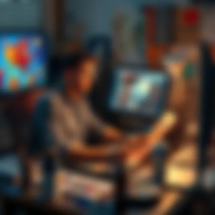 A budget artist working on AI-generated artwork at a desk, surrounded by art supplies and a computer, highlighting art commission fraud.