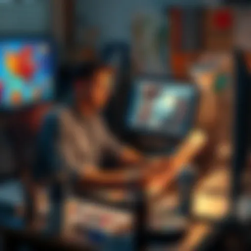 Artist creating art on a computer A budget artist working on AI-generated artwork at a desk, surrounded by art supplies and a computer, highlighting art commission fraud.