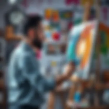 An artist painting on a canvas in a colorful studio with brushes and paints around them.