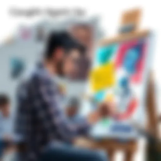 An artist working at a canvas, expressing frustration over AI-generated art, with sketches and paints around them.