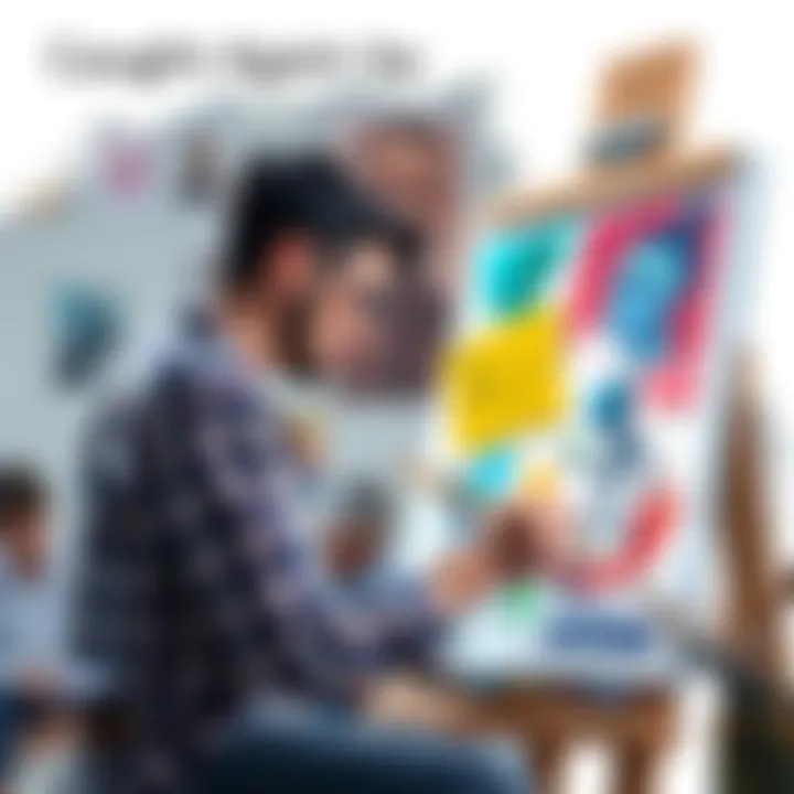 An artist working at a canvas, expressing frustration over AI-generated art, with sketches and paints around them.