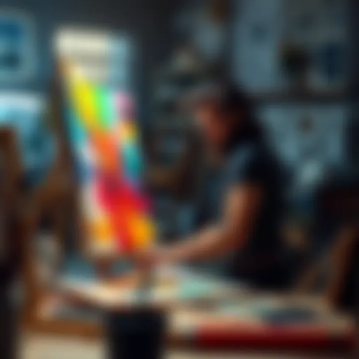 An artist works on a colorful canvas in a bright studio, surrounded by paints and brushes, illustrating the concept of original, copyright-free art.