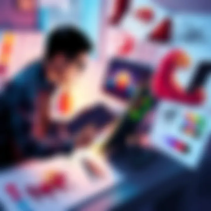An artist focused on drawing with a tablet, surrounded by sketches and color palettes, showcasing different art styles