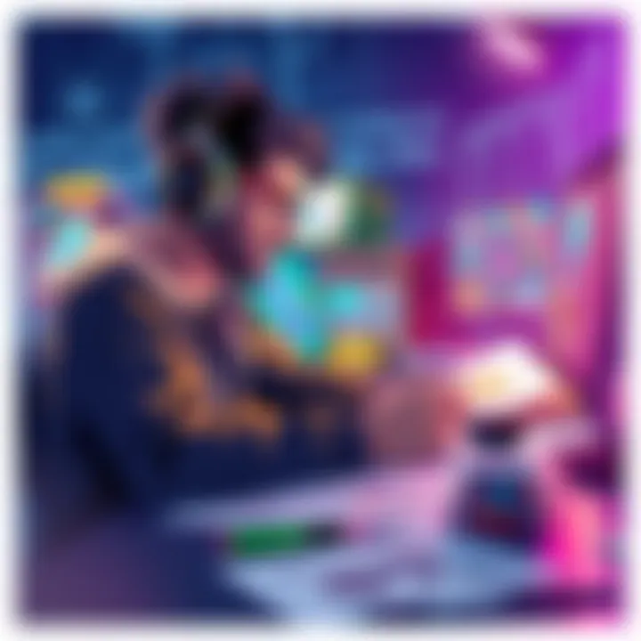 An artist working on creating colorful and engaging capsule art for a steam game, surrounded by sketches and digital tools.