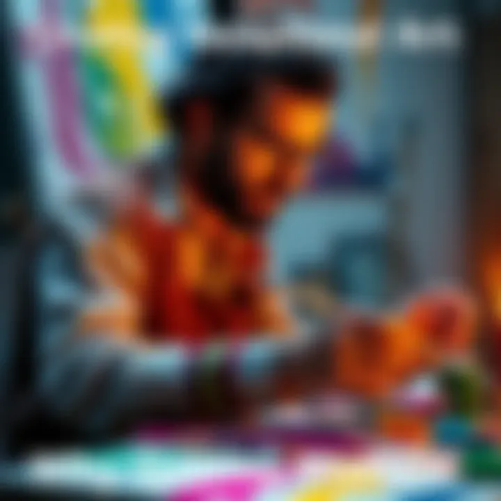 An artist painting on a canvas, surrounded by vibrant colors and brushes, focused on their work