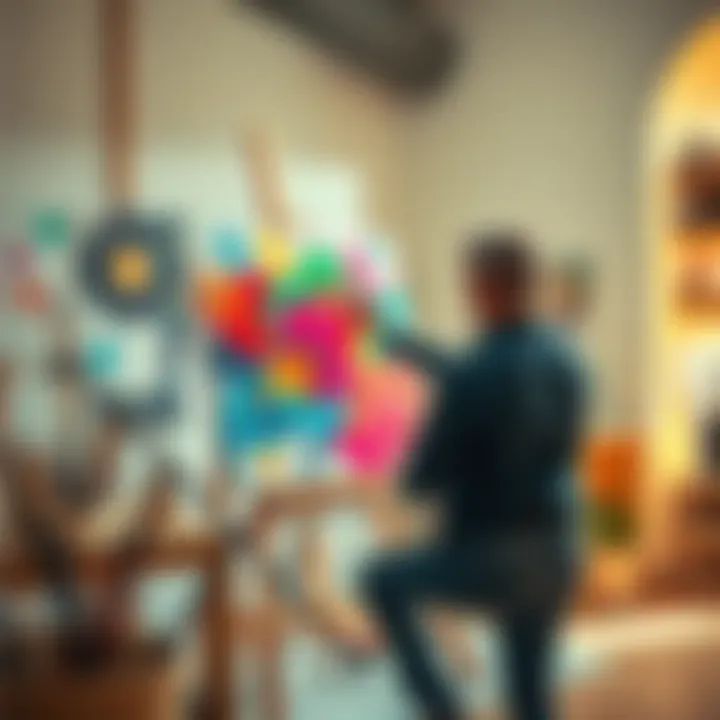 An artist focuses on painting a colorful canvas in a bright studio, surrounded by brushes and paints.