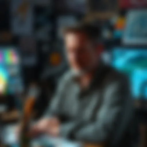 An artist expressing frustration about AI's impact on the art world, surrounded by art supplies and digital screens.