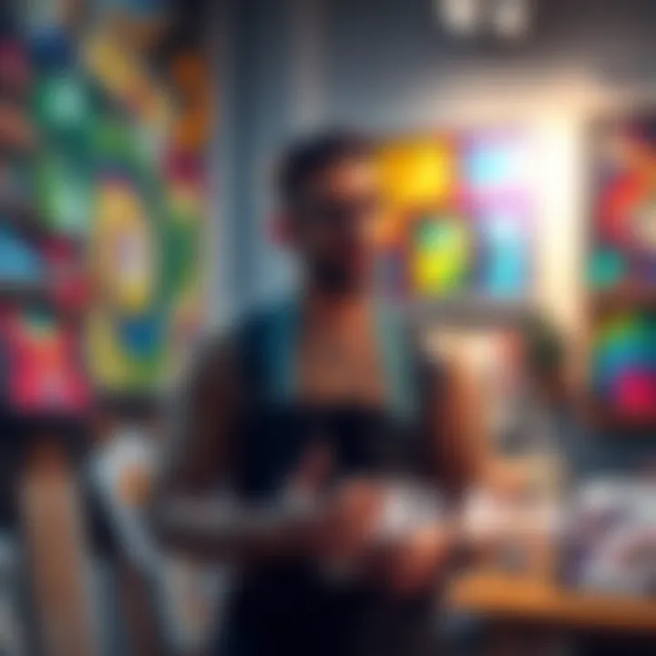 Artist defending original work An artist passionately discussing their artwork, surrounded by colorful paintings, with a focus on the expression of authenticity and creativity.