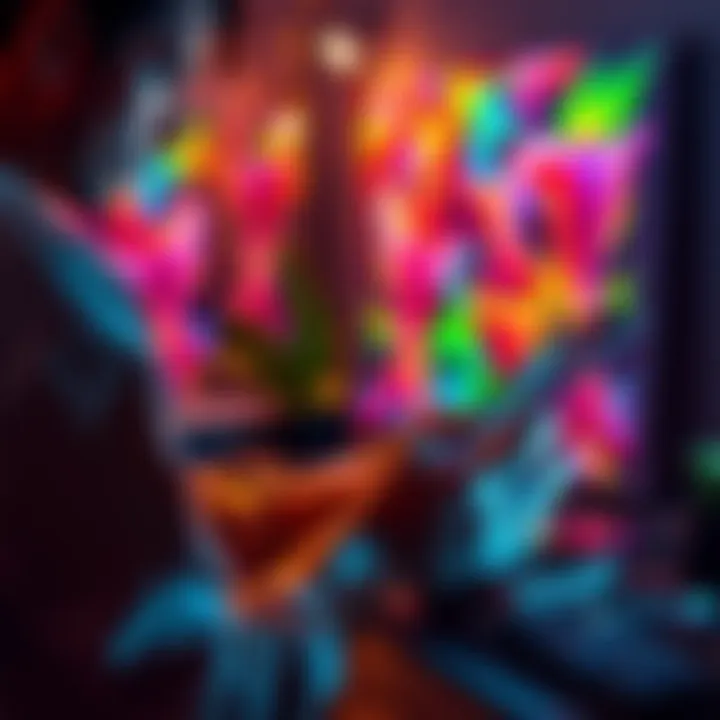 An artist using a tablet to create colorful digital artwork, exploring various software options