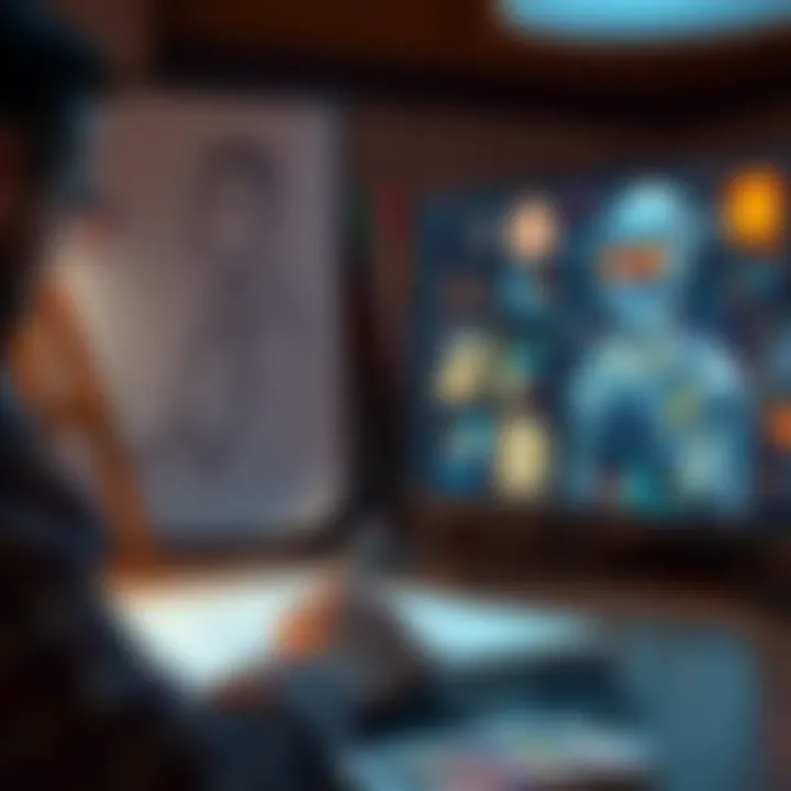 An artist sketches on paper while another screen shows AI generating images based on prompts