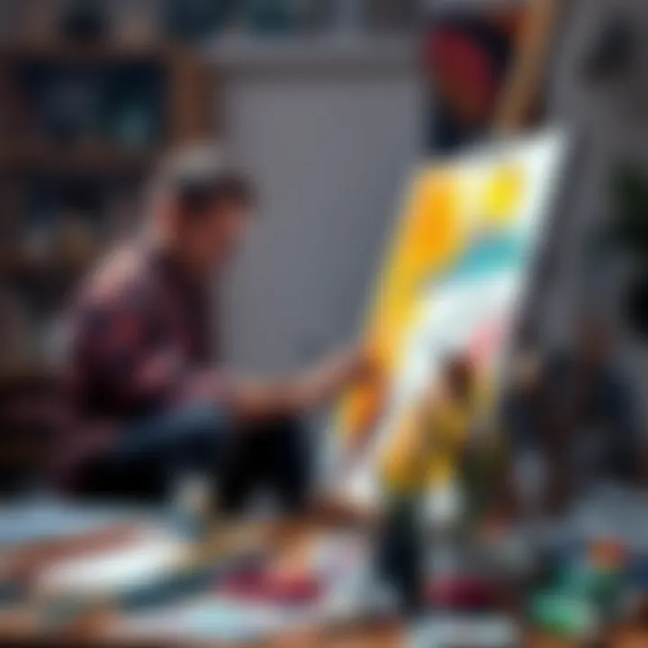 An artist works on a new drawing, reflecting their emotions about AI-generated art, with a canvas and colorful art supplies around them.