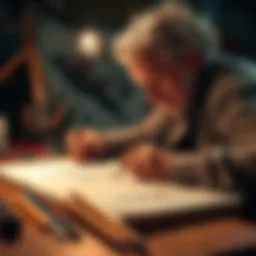 An artist sketches on paper with pencils and brushes, showcasing their handcrafted artwork