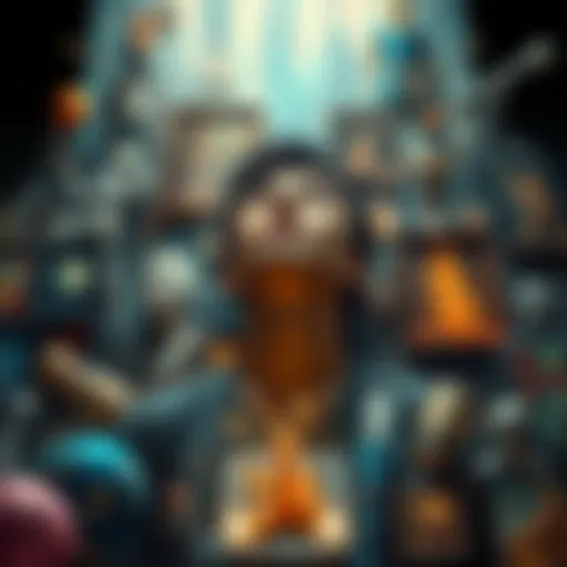 A person surrounded by various art forms, including digital and traditional artworks, symbolizing the fusion of AI and creativity