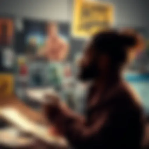 An artist reviewing their portfolio filled with artwork, considering freelance opportunities