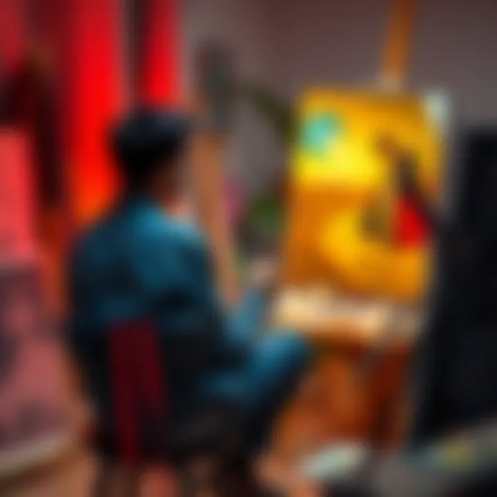 An artist sitting alone in a studio, looking at their artwork while holding a paintbrush, symbolizing the emotional strain of losing a friend over AI in art debates.