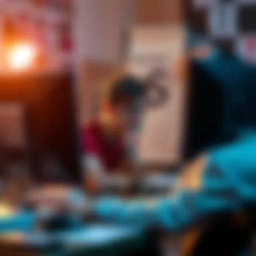 An artist sitting at a computer, looking distressed while receiving messages of harassment from AI creators in an online forum.