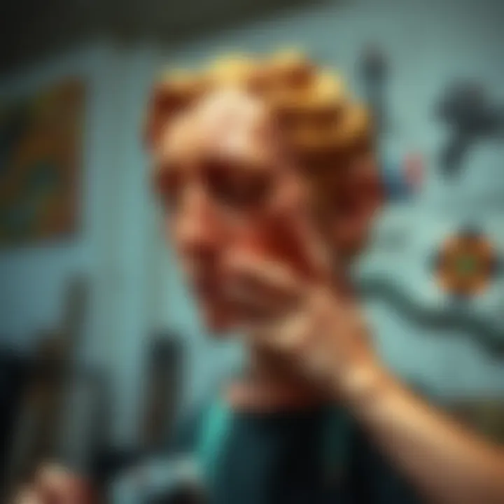 An artist struggles with a head sculpture, displaying frustration and creativity in the process.