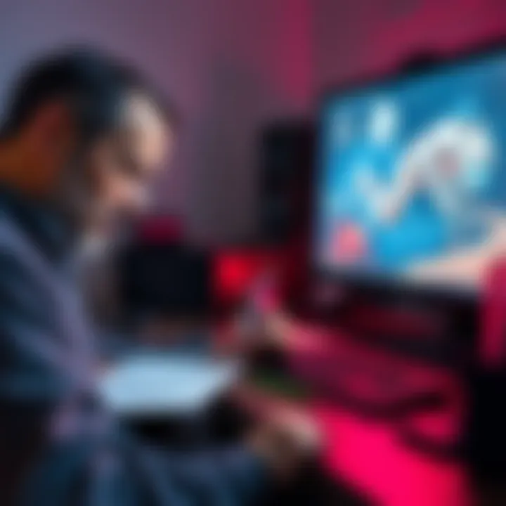 An artist sketches a line art piece with a pencil, while a computer displays AI-generated art on a screen nearby.