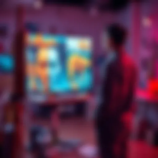 An artist stands in a studio, staring at a computer screen displaying AI-generated images, feeling conflicted about the future of their craft.