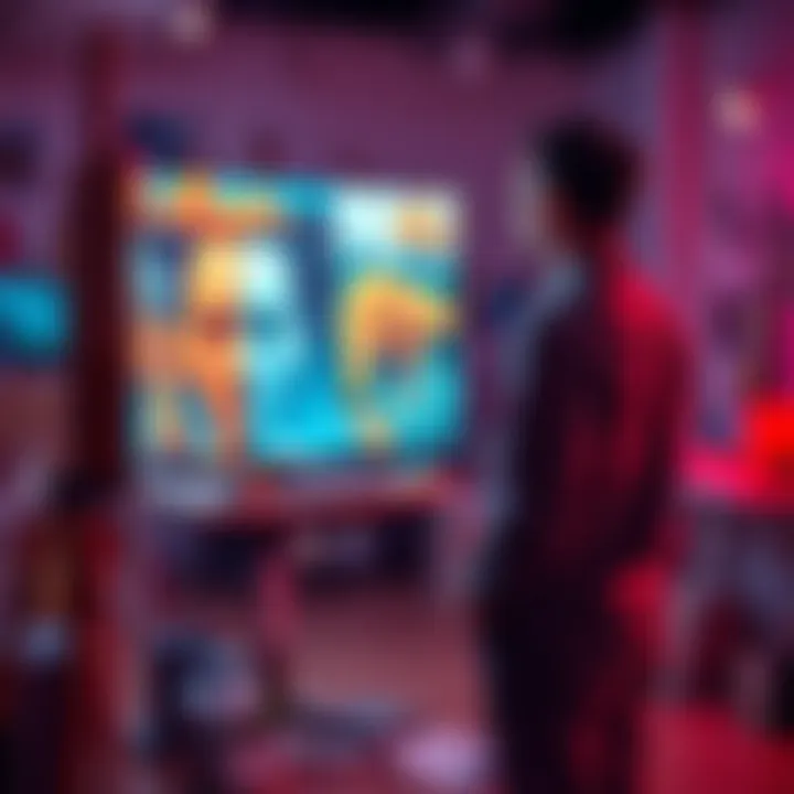 An artist stands in a studio, staring at a computer screen displaying AI-generated images, feeling conflicted about the future of their craft.