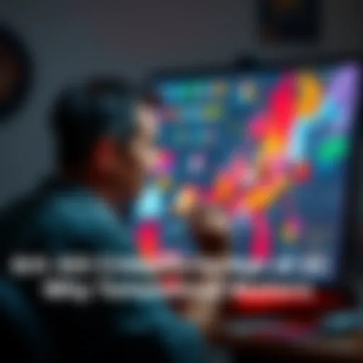 Artist painting with AI tools An artist using AI software to create digital art on a screen with brushes and colors around them