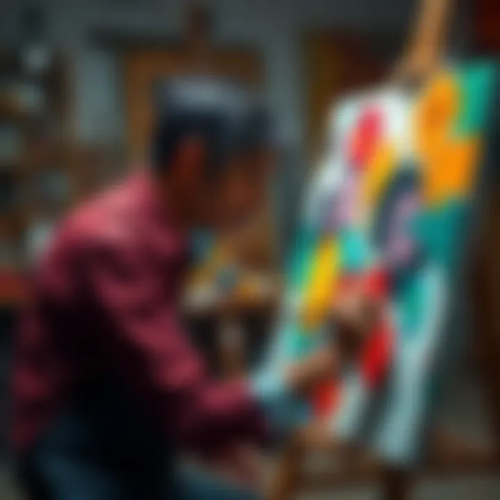 An artist focused on painting a colorful canvas in a studio, showcasing traditional art techniques and tools.